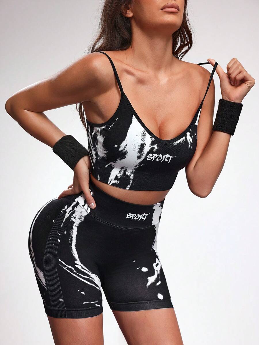 Menodora SHEIN Sport بدلة رياضية نسائية متماسكة تتكون من شورت وكامي بتصميم أنيق وبسيط للاستخدام اليومي الكاجوال - أبيض وأسود - مشاهدة 1