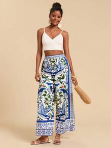 Travachic Tropical Flora And Fauna Printed Women's Wide Leg Pants Blue And White Printed Holiday Style Women's Clothing Summer Dresses For Women Women Maxi Dresses Long Summer Dresses For Women Vacation Women Maxi Dresses Spring Dresses For Women Women Maxi Dresses Dresses For Women Summer Women Maxi Dresses - Multicolor - View 4