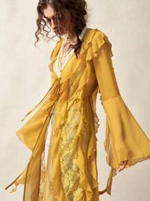 Bohemela Vestido mini BOHO para mujer con mangas acampanadas, nudo delantero y encaje de contraste con volantes, ropa bohemia chic, ropa de mujer bohemia
