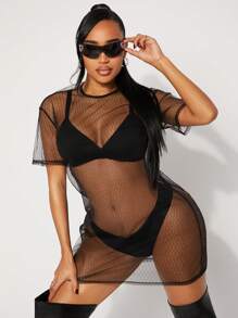 SHEIN SXY 春夏音乐摇滚节街头休闲洋气波西米亚BOHO VACAY黑色全透视网眼oversize短袖长款女T恤上衣 - 黑色 - 查看 7