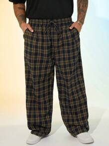 EASEVO Plus Size Men's Casual Loose Plaid Long Pants - Black - View 3