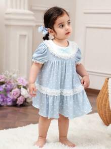 Váy ngủ dệt kim dáng công chúa đơn giản chấm bi cổ tròn viền ren tay bồng cho bé gái, thích hợp mặc hàng ngày, trong nhà và ngoài trời - Xanh và trắng - Xem 4