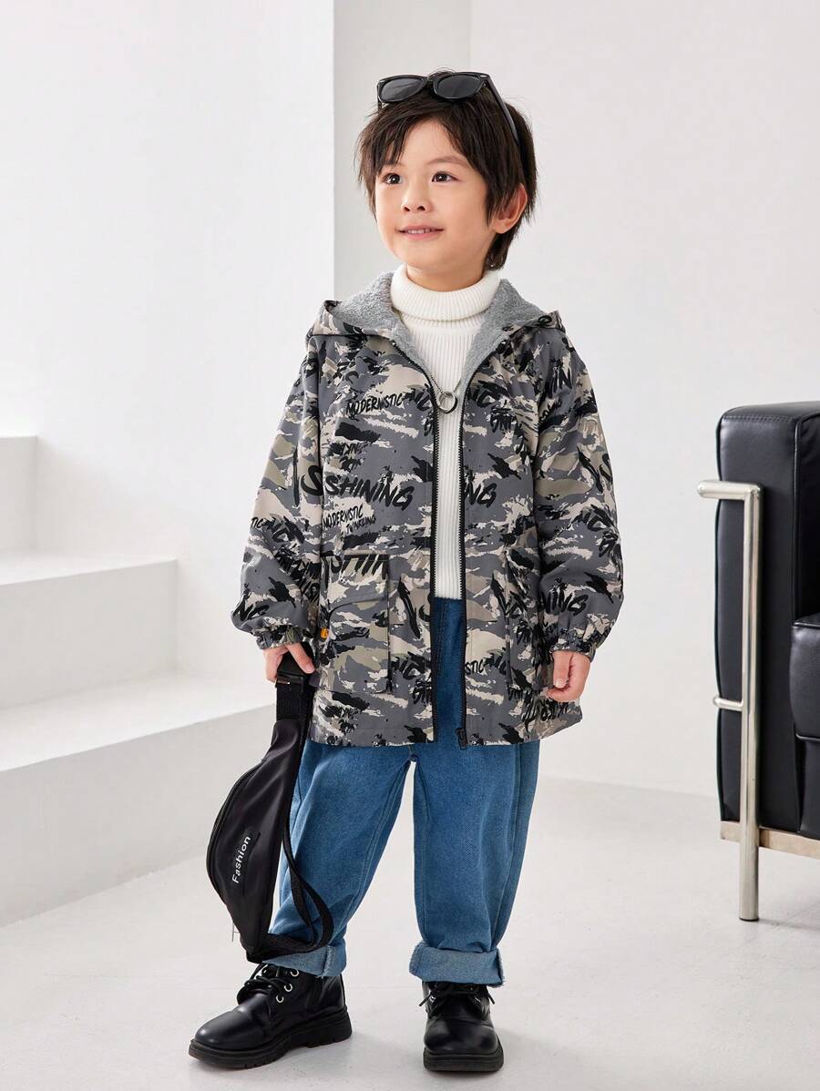 1 件装年轻男孩休闲连帽保暖内衬迷彩派克大衣，适合通勤、校服、日常休闲、派对、婚礼、洗礼 - 彩色 - 查看 1