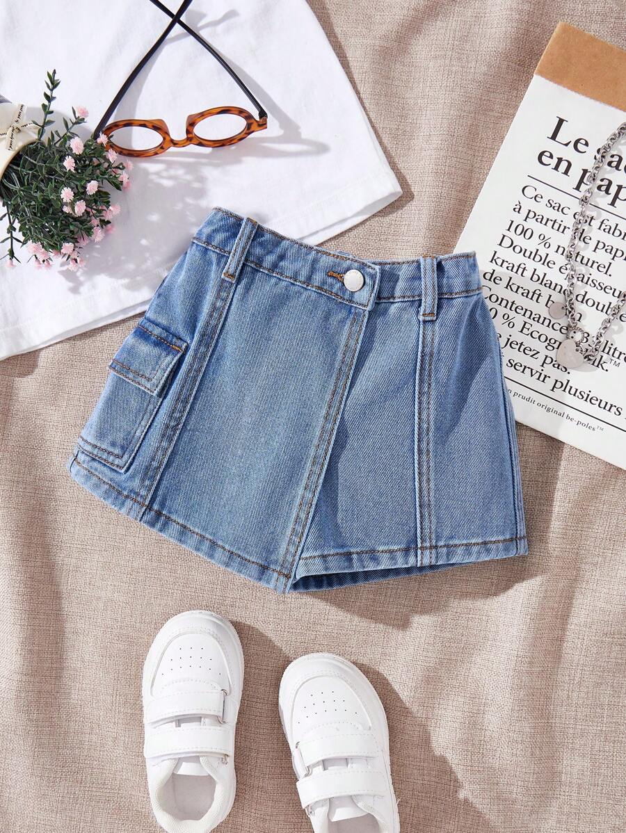 SHEIN Baby Girl Blue Cargo Pocket Casual Denim Short Skort - Medium Wash - View 1