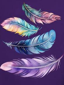 INAWLY Casual Feather Print Round Neck Short Sleeve Women T-Shirt - Purple - View 6