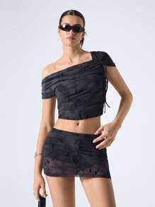 LYSMO Women Floral Print Asymmetrical Collar Drawstring Cropped Top And Midi Skirt Set - Black - View 3