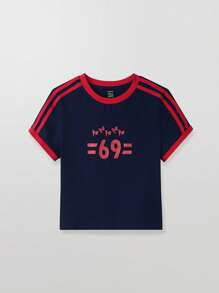Easelle Baseball  Navy Blue Letter Print Short Sleeve Slim Fit Knit T-Shirt For Women 2025 Summer  Festival - Blue - View 6