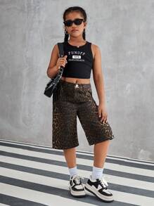 SHEIN Pantalones anchos de pierna ancha recortados con estampado de leopardo suelto y estilo retro para niña preadolescente en verano