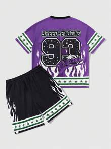 ROMWE MEN Prep Conjunto informal de camiseta de manga corta con cuello en V y estampado de letras y pantalón corto con cordón en la cintura para hombres