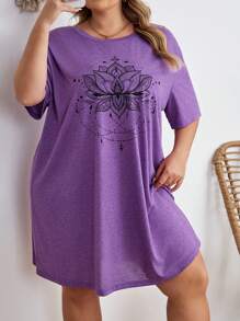 SHEIN CURVE+ 大码音乐节T恤，休闲简约大码莲花净色圆领宽松短袖连衣裙，适合夏季穿着 - 紫色 - 查看 5