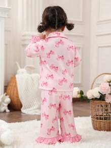 Baby Girls Sweet And Simple Bow Pattern Lapel Buttoned Ruffles Decoration Long Sleeves And Long Pants Comfortable Skin-Friendly Knitted Pajamas Set Two Pieces - Baby Pink - View 2