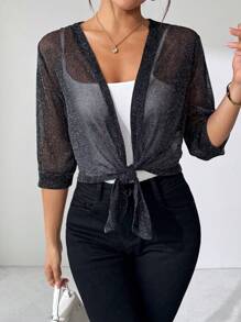 SHEIN Clasi Elegant Women's Silver Thread Black Casual Lightweight Top, Versatile For Daily Wear, Spring/Summer