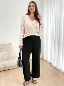 SHEIN Frenchy Plus Size V-Neck Long Sleeve Heart Print Casual Pullover Sweater Fall/Winter - Multicolor - View 8