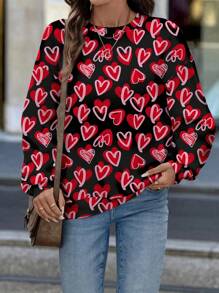 SHEIN LUNE Women Casual Heart Pattern Round Neck Loose Sweatshirt, Suitable For Autumn And Winter - Black - View 3