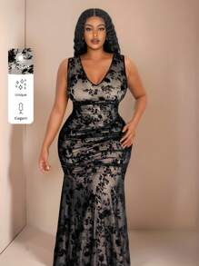 Maweii 大码女式复古浪漫无袖撞色美人鱼修身连衣裙 - 彩色 - 查看 1