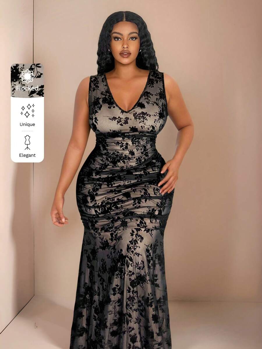 Maweii 大码女式复古浪漫无袖撞色美人鱼修身连衣裙 - 彩色 - 查看 1