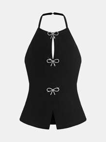 SHEIN 青少年女孩黑色针织水钻蝴蝶结装饰开衩露背时尚背心，适合 Y2K、返校季、母子装 - 黑色 - 查看 10