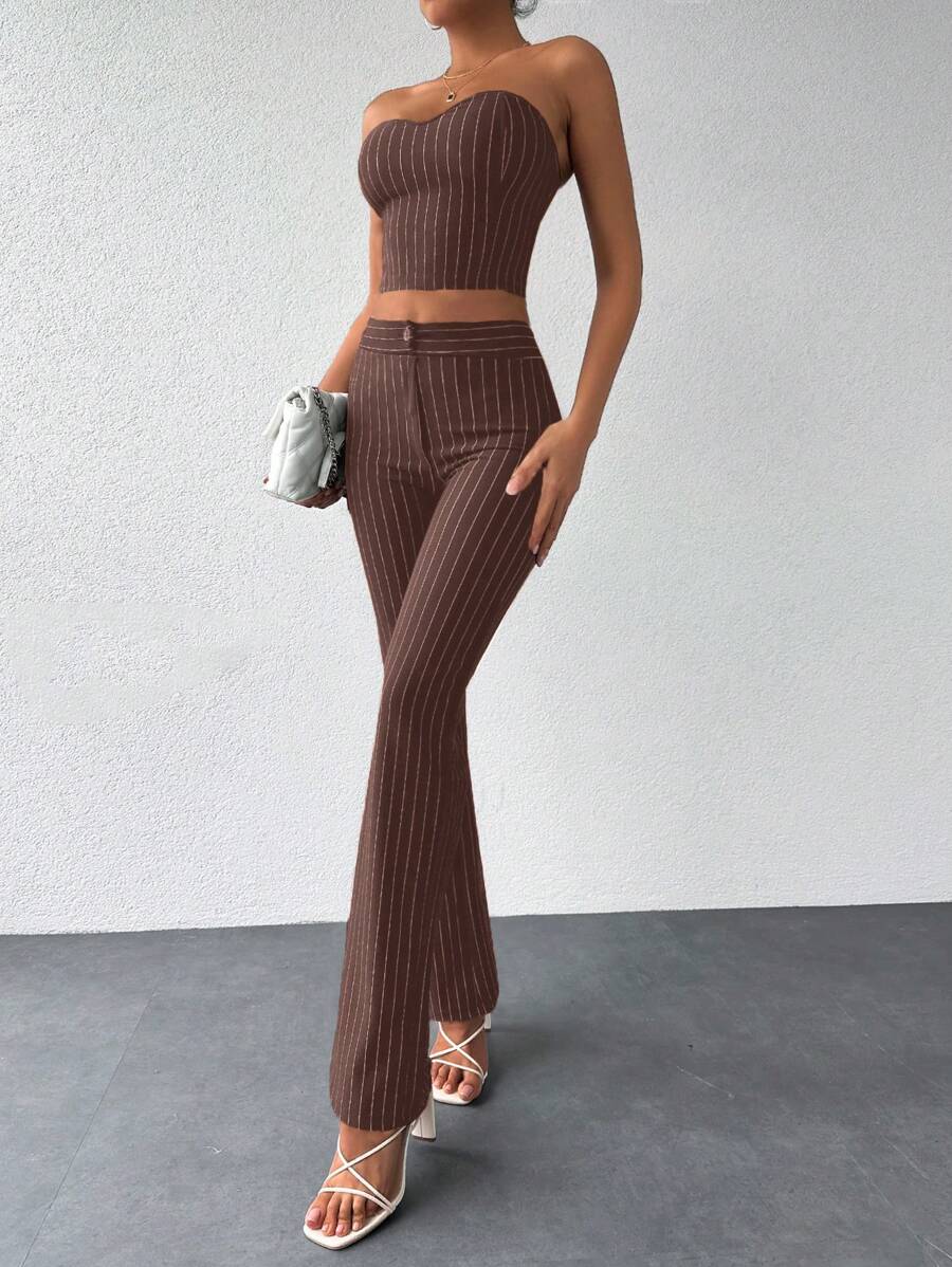 RueChic Striped Tube Top & Pants - Brown - View 1