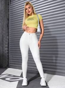 SHEIN Essnce Casual Plain Denim Jeans, Everyday Wear - Beige - View 2