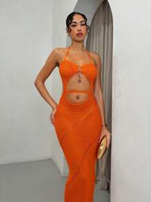 SHEIN BAE Women's Solid Color Hollow Back Halter Neck Slim Fit Knitted Dress - Orange - View 3