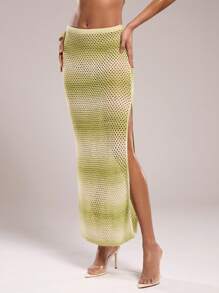 SHEIN BAE Women's Vacation Beach Gradient Side Slit Hollow Out Knit Skirt - Multicolor - View 3