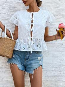 SHEIN VCAY Blusa informal con mangas cortas y nudo delantero en unicolor con bordado para mujeres