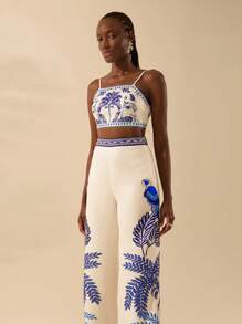 CAJUNI Bird & Palm Print Wide Leg Pants - Multicolor - View 4