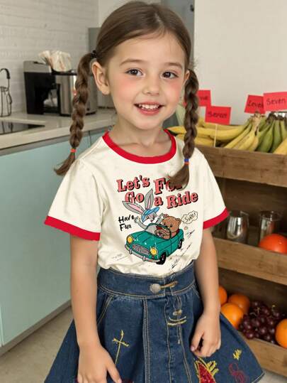 SHEIN Leap Crew 复古美式卡通汽车图案，年轻女孩休闲简约圆领短袖T恤适合春夏季