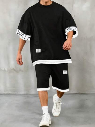 SHEIN 青少年男孩休闲撞色字母印花短袖上衣和短裤套装，舒适别致百搭，适合日常、上学、郊游、运动、度假