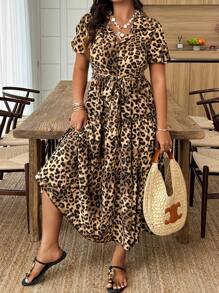 SHEIN Clasi 大码女式豹纹腰泡泡袖连衣裙