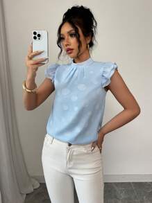 Chiquease Blusa de mujer de unicolor con jacquard y mangas cortas con volantes - Azul - Ver 3