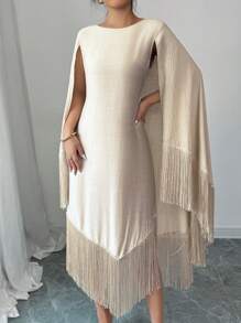 Elenzga Vestido con mangas tipo capa y dobladillo con flecos