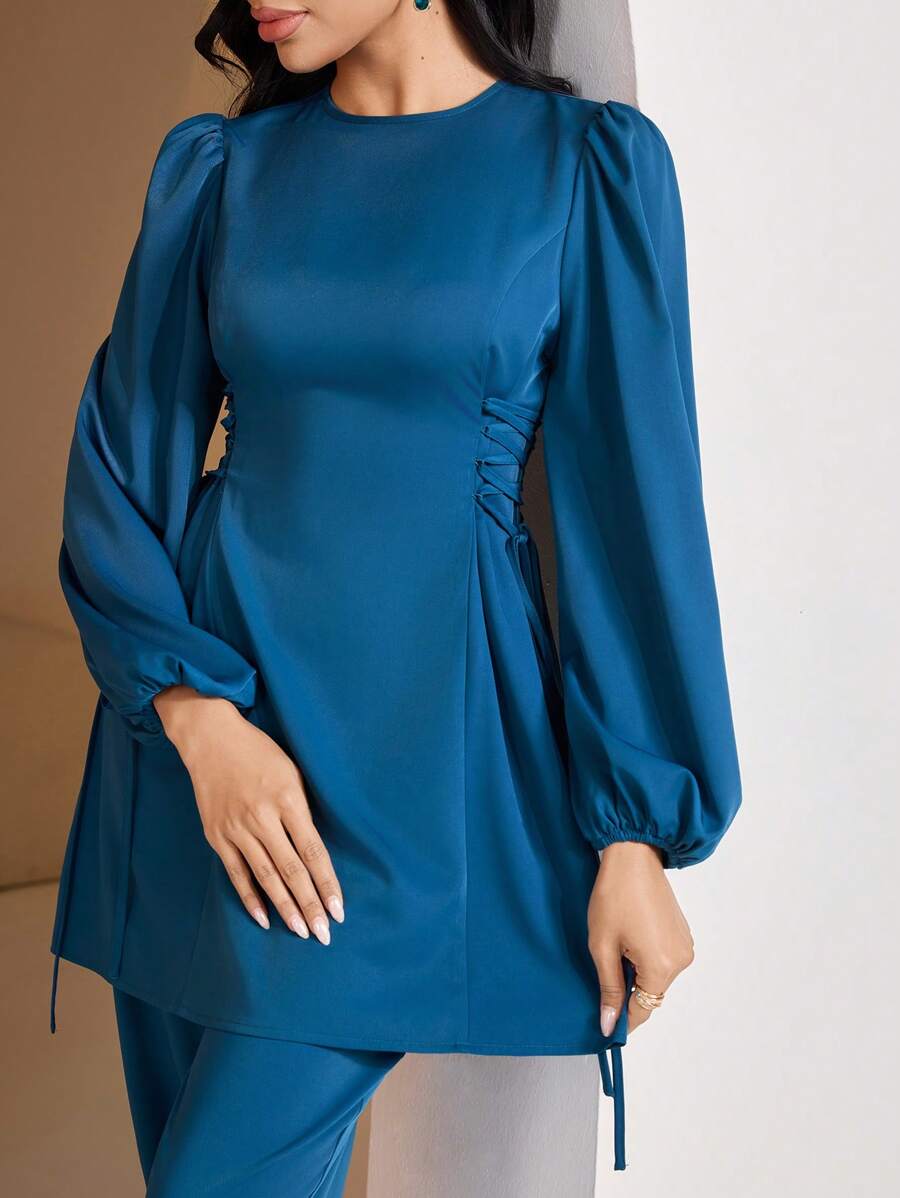 Veilorie 女士阿拉伯风格休闲装 - 简约时尚上衣和裤子套装，适合日常穿着，端庄 - 水鴨藍 - 查看 1