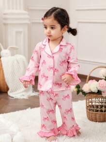 Baby Girls Sweet And Simple Bow Pattern Lapel Buttoned Ruffles Decoration Long Sleeves And Long Pants Comfortable Skin-Friendly Knitted Pajamas Set Two Pieces - Baby Pink - View 7
