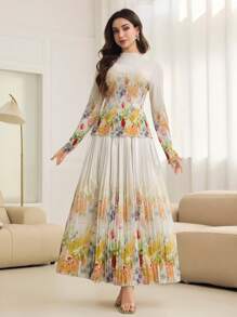 Modelyn 2 chiếc/bộ váy dài tay in họa tiết hoa sơn dầu hiệu ứng xếp ly xòe viền đơn giản cho nữ - Màu vàng - Xem 7