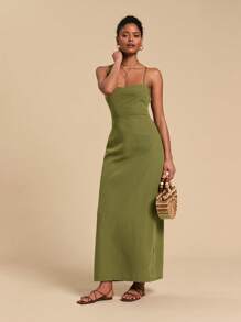 SHEIN x Lina Travachic 女士交叉肩带细肩带长连衣裙 - 紅色 - 查看 7