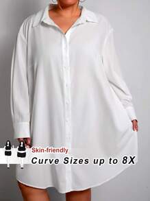 SHEIN CURVE+ Plus Size White Shirt Style Work Dress For Women, Spring - White - View 7