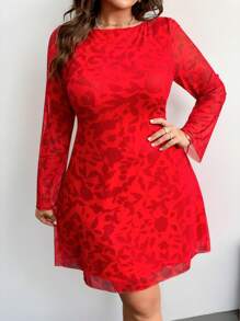 SHEIN Privé 大码女式优雅浪漫情人节性感迷你连衣裙，花卉印花网眼 V 领喇叭袖 A 字裙 - 紅色 - 查看 4