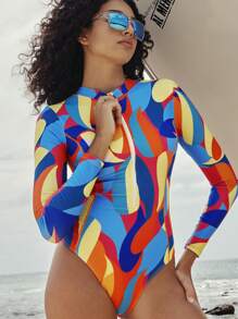 Swim SPRTY Springbreak Ladies Tight Sexy Beach Surfing Wind Long Sleeve Small Round Neck Randomly Printed Front Zip Hollow Waist One-Piece Swimsuit