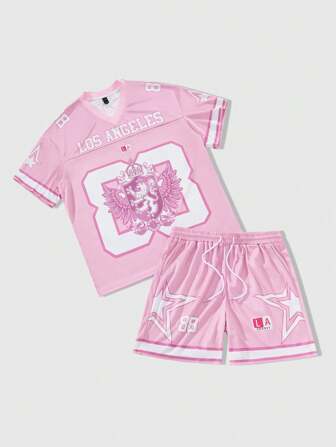 Prep Herren Set aus V-Ausschnitt Kurzarm T-Shirt mit Buchstabenprint und Shorts, Lässig