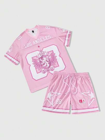 Prep Herren Set aus V-Ausschnitt Kurzarm T-Shirt mit Buchstabenprint und Shorts, Lässig