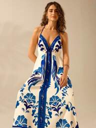 CAJUNI Vestido Longo de Verão Casual para Praia Feminino, Estampa Tropical Boêmia Azul e Branca, Estampa de Papagaio, Decote Halter e Amarração