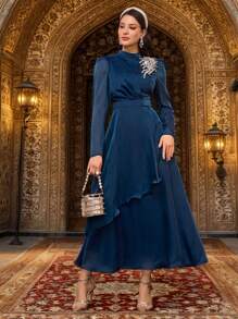 Modelyn Spring Valentine's Day Women's Elegant Arabic Style Rhinestone Decor Stand Collar Lantern Sleeve Dress - Navy Blue - View 4