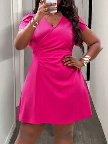 Slaydiva Plus Size Fuschia V-Neck Tulip Sleeve Ruched Waist A-Line Flared Summer Casual Dress - Hot Pink - View 7