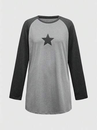 Casual Floral Gray Five-Pointed Star Printed Long Sleeve Nightdress Home Dress