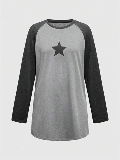 Casual Floral Gray Five-Pointed Star Printed Long Sleeve Nightdress Home Dress