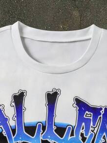 2pcs Tween Boy Fashionable Print Short Sleeve Loose Fit T-Shirt With Drawstring Waist, Matching Colorblock Pants, Street Style Spring/Summer Outfit