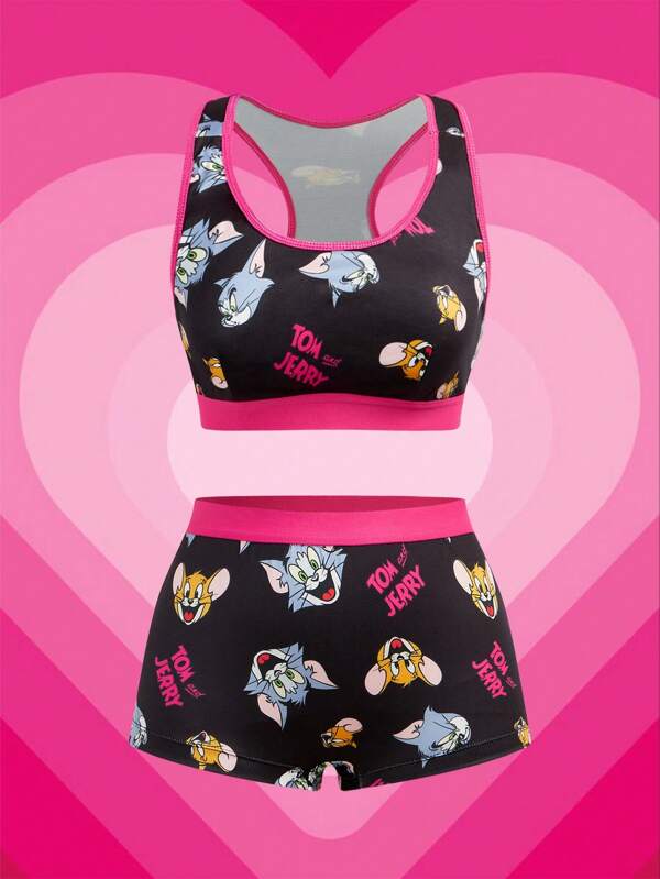 TOM & JERRY X SHEIN Women's Fuchsia Pink & Black Fashion Cartoon Graphic Trim Bra And Panty Set, For Sports And Yoga,Workout Sets