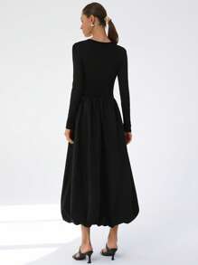 Aveloria Modichic Black Fashion Elegant Minimalist Design Versatile New Mixed Material Round Neck Cinched Waist Puff Hem Splicing Long Sleeve Dress For Women