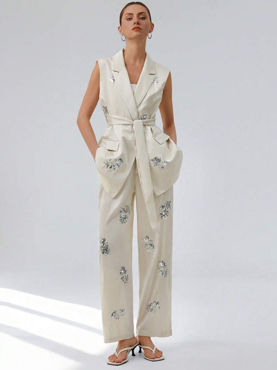 Aveloria Modichic 缎面重磅亮片串珠系带背心西装外套与西装裤组成高端现代时尚优雅精致的西装套装 - 彩色 - 查看 1